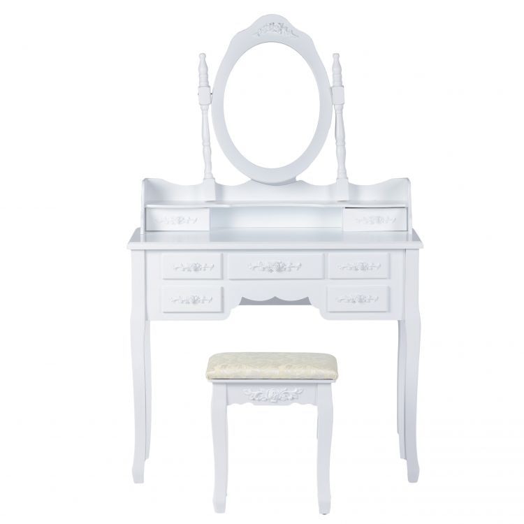 Set masuta de toaleta cu oglinda ajustabila si taburet, 7 sertare, MDF alb, 90 x 40 x 145 cm