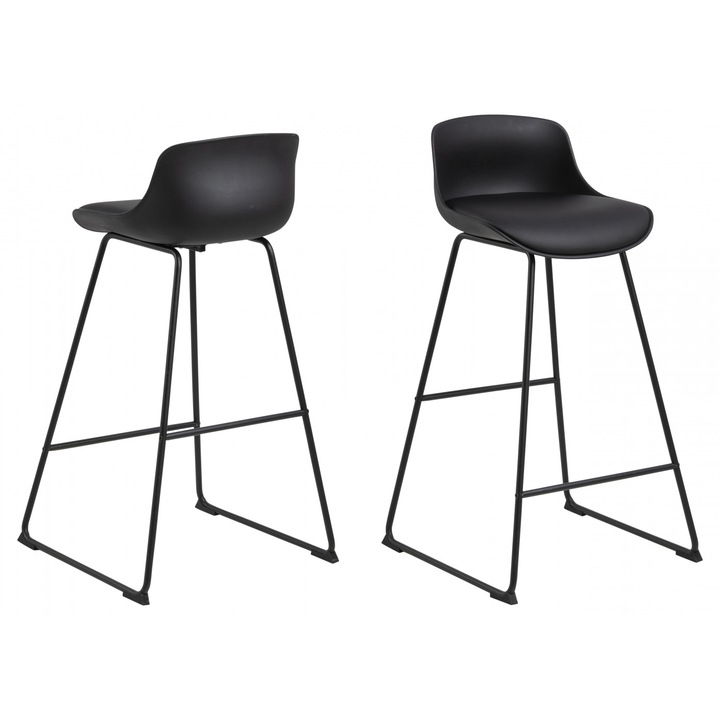 Set 2 scaune de bar Tina, Design Scandinavia, Plastic/Piele sintetica/Metal, 43x49x94 cm, Negru