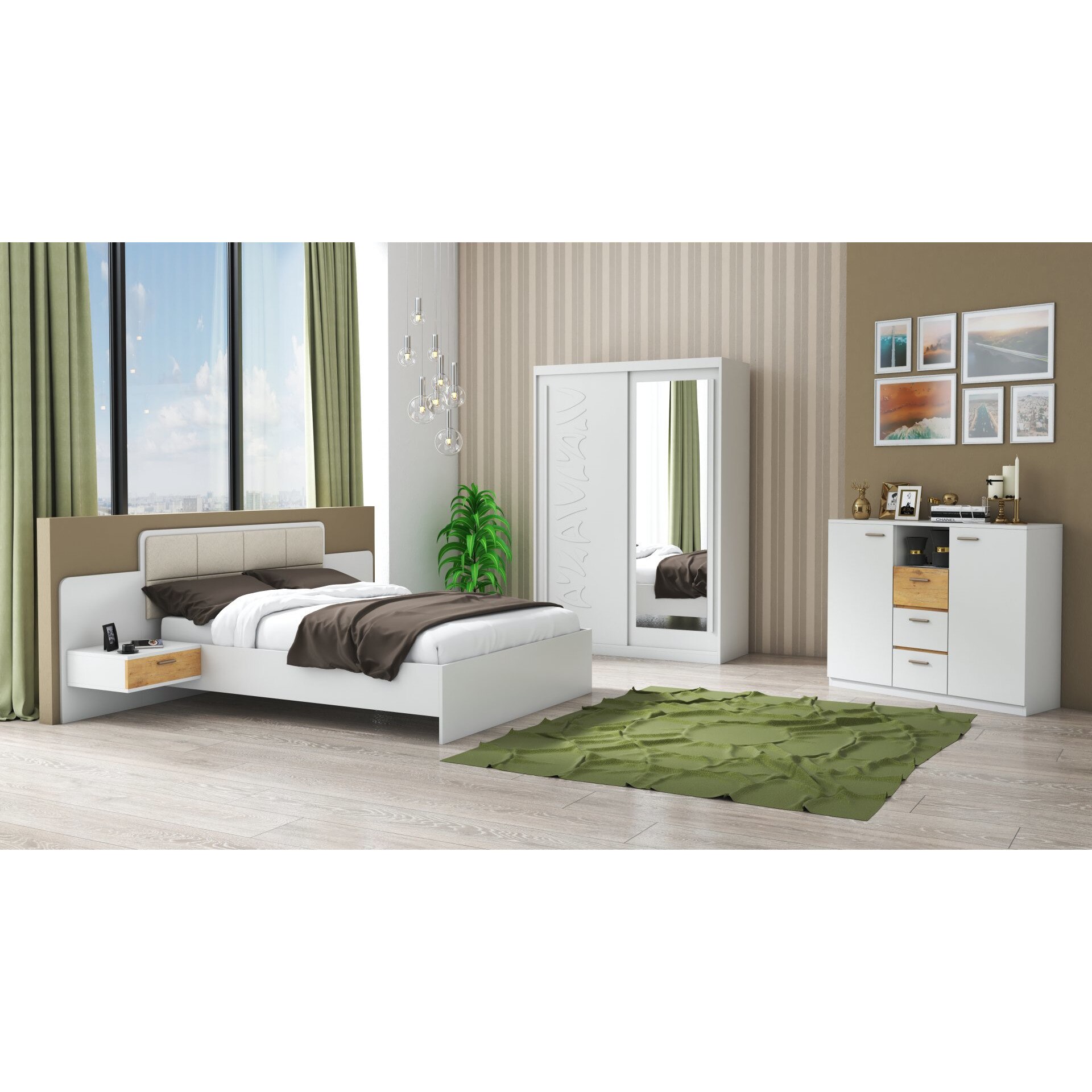 Set Dormitor Tokyo, Alb, Dulap 150 cm, Pat 160x200 cm, 2 noptiere, comoda