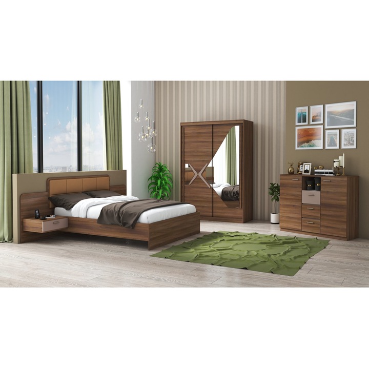Dormitor Domino CB Furniture, Nuc, Dulap 200 cm, Pat 160x200 cm, Comoda, 2 Noptiere