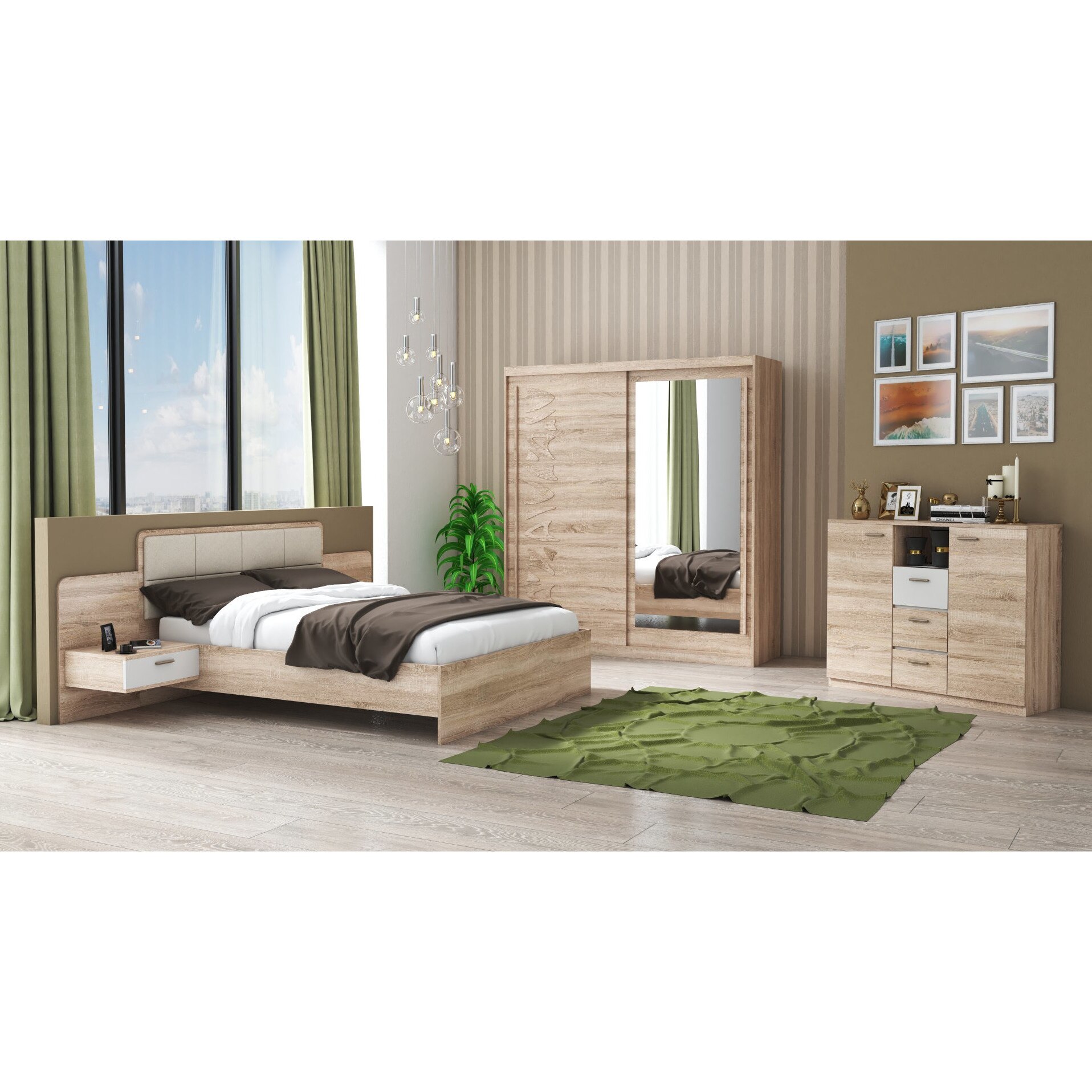 Set Dormitor Tokyo, Sonoma, Dulap 200 cm, Pat 160x200 cm, 2 noptiere, comoda