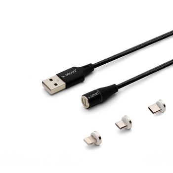 Cablu de date si incarcare rapida magnetic 3 in 1, USB Type-C, Micro USB, Lightning, transfer date pana la 480 Mbps, incarcare rapida 3A, Negru, 2m