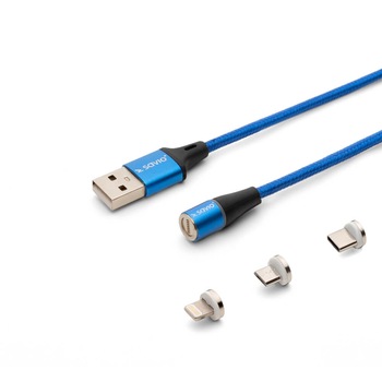Cablu de date si incarcare rapida magnetic 3 in 1, USB Type-C, Micro USB, Lightning, transfer date pana la 480 Mbps, incarcare rapida 3A, Albastru, 2m Cablu de date si incarcare rapida magnetic 3 in 1, USB Type-C, Micro USB, Lightning, transfer date pana la 480 Mbps, incarcare rapida 3A, Albastru, 2m