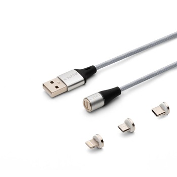 Cablu de date si incarcare rapida magnetic 3 in 1, USB Type-C, Micro USB, Lightning, transfer date pana la 480 Mbps, incarcare rapida 3A, Argintiu,2m Cablu de date si incarcare rapida magnetic 3 in 1, USB Type-C, Micro USB, Lightning, transfer date pana la 480 Mbps, incarcare rapida 3A, Argintiu,2m