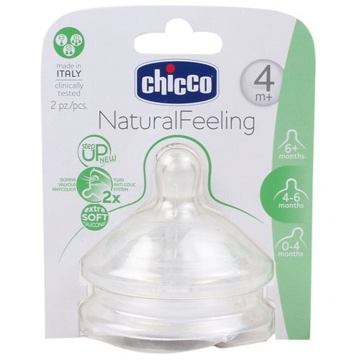 Set 2 tetine anticolici Natural Feeling, Chicco, Silicon, Transparent, 4 luni +