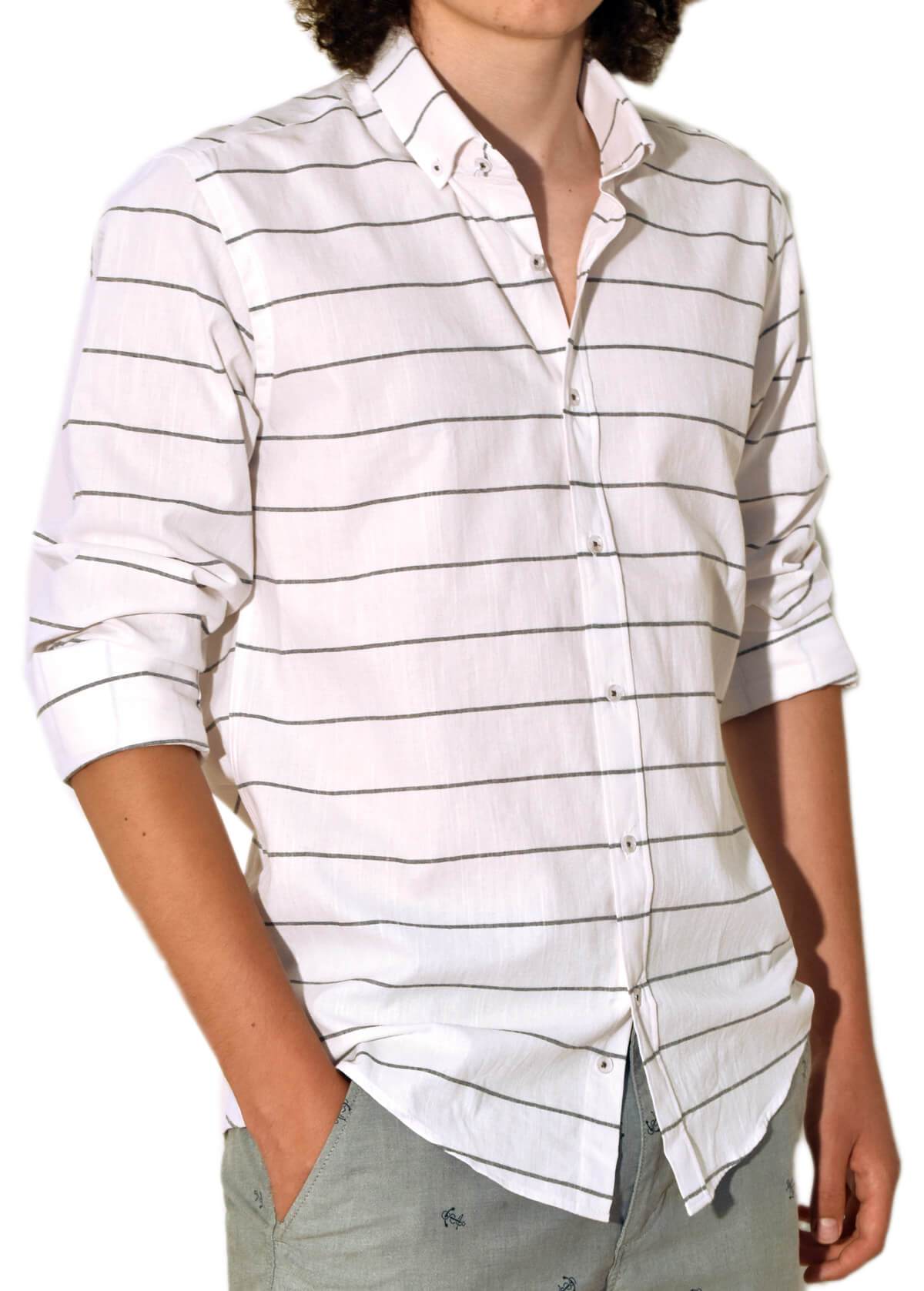 Camasa in dungi, Regular fit, 100% In, Alb/Gri, L