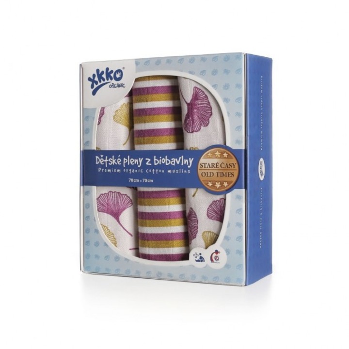 XKKO, 3 db újrafelhasználható pelenka szett Ginko, Organikus pamut, Többszínű, 70x70 cm