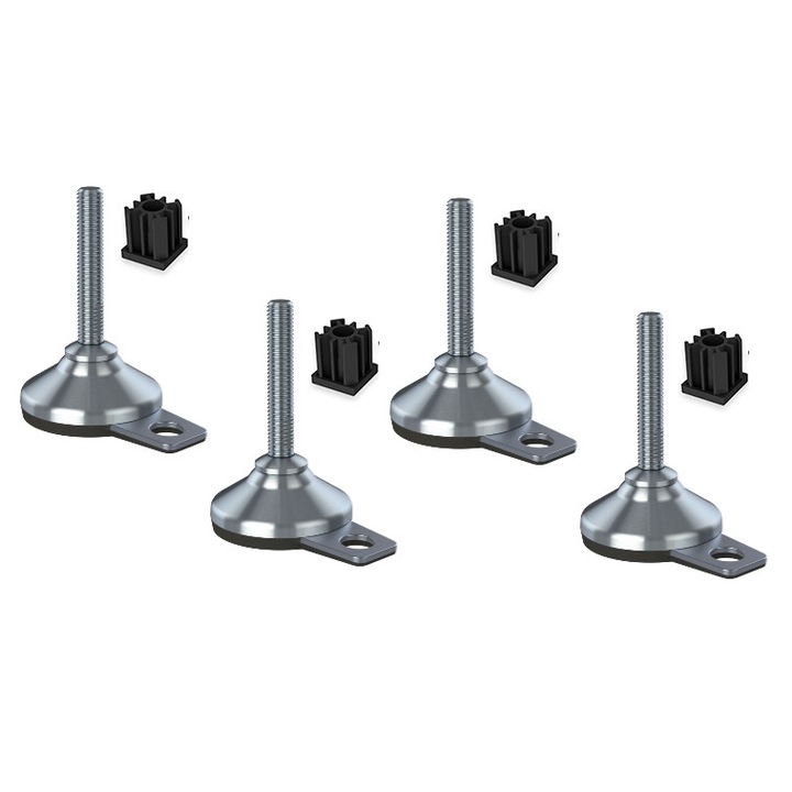 Set 4 picioare de nivelare, Inox, Orificiu pentru fixare/Baza cauciucata/Insertii pentru montare, 12x70x65 mm, Argintiu/Negru