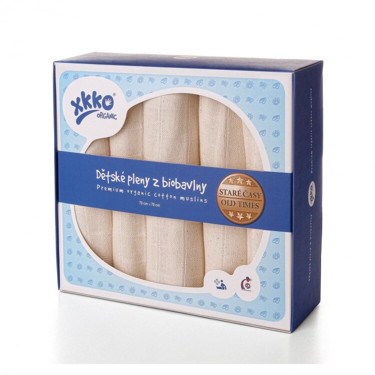 Set 5 scutece reutilizabile Old Times, XKKO, Bumbac organic, Alb, 70x70 cm