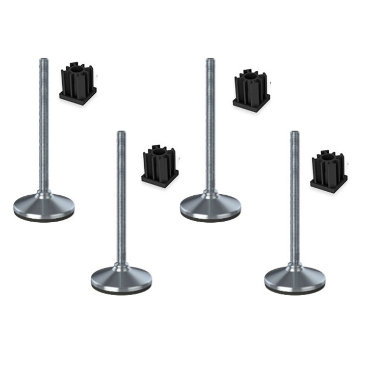 Set 4 picioare de nivelare, Inox, Baza cauciucata/Insertii pentru montare, 16x150x105 mm, Argintiu