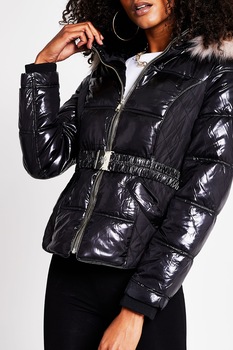 RIVER ISLAND, Geaca cu gluga si curea, Negru, L RIVER ISLAND, Geaca cu gluga si curea, Negru, L