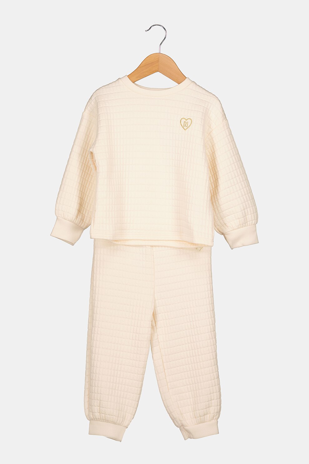 River Island, Set de bluza sport si pantaloni sport cu aspect matlasat, Alb fildes