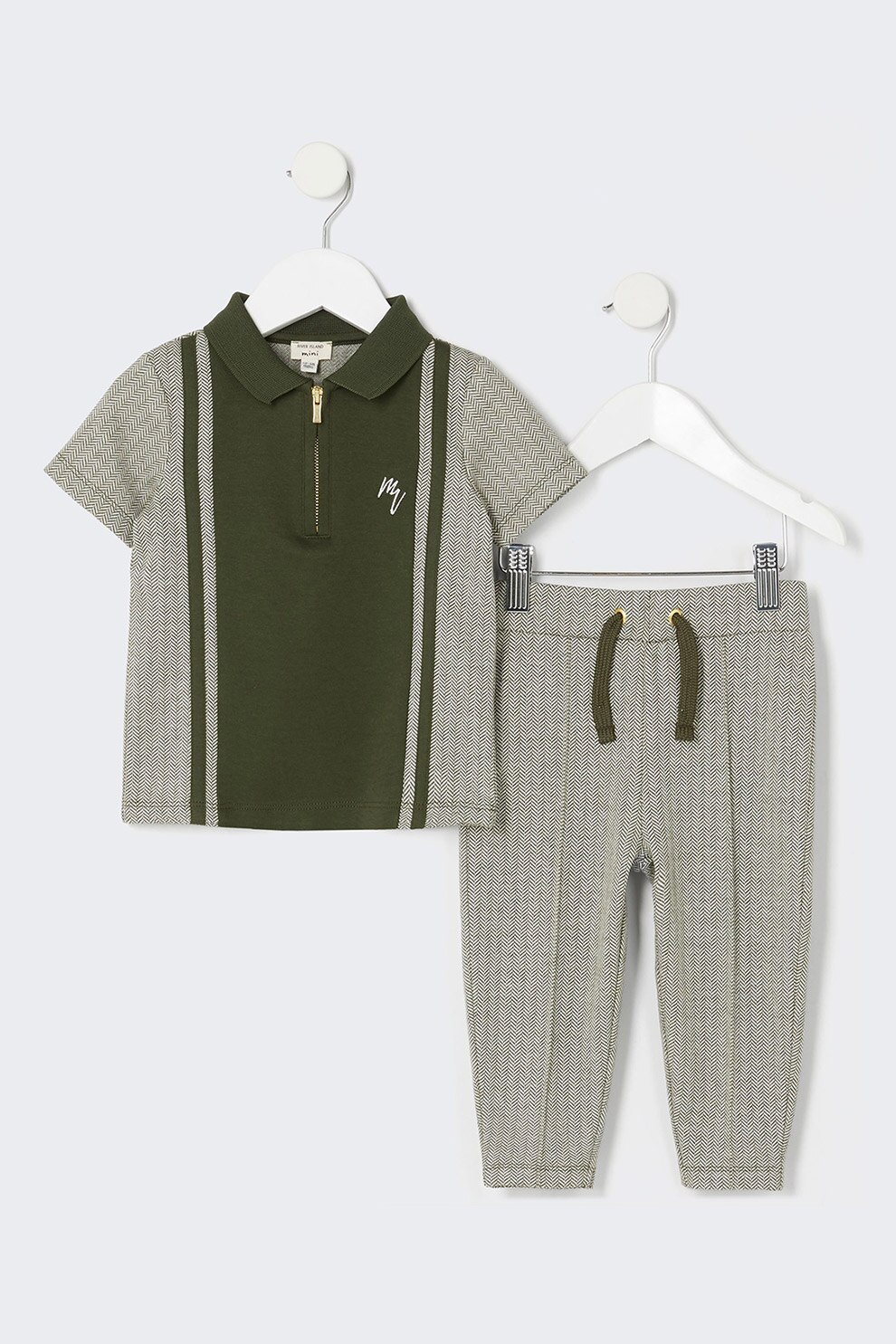 River Island, Set de tricou polo si pantaloni sport - 2 piese, Gri/Verde militar