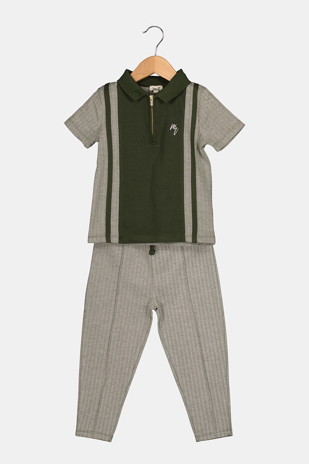 River Island, Set de imbracaminte din bumbac - 2 piese, Verde feriga/Alb