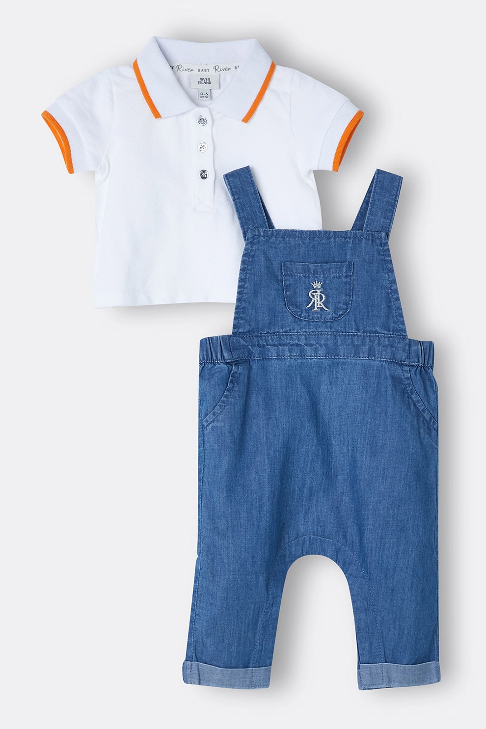 River Island, Set de salopeta din denim si tricou polo - 2 piese, Albastru/Alb