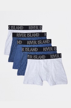 River Island, Set de boxeri cu banda logo in talie - 5 perechi, Albastru/Alb River Island, Set de boxeri cu banda logo in talie - 5 perechi, Albastru/Alb