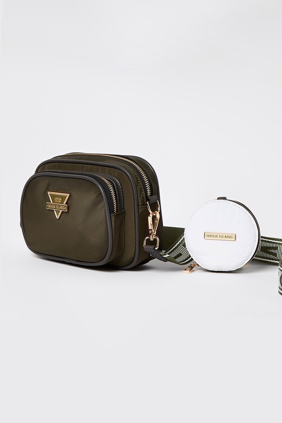 River Island, Geanta crossbody cu bareta detasabila cu logo, Verde militar