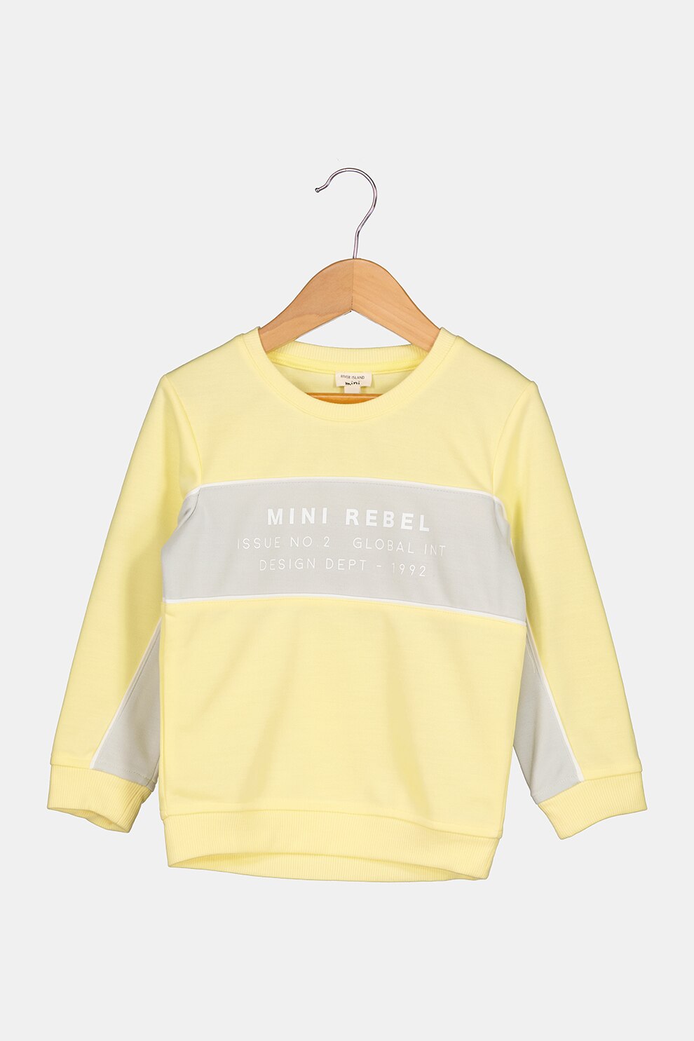 River Island, Bluza sport cu decolteu la baza gatului si text, Galben pai/gri deschis