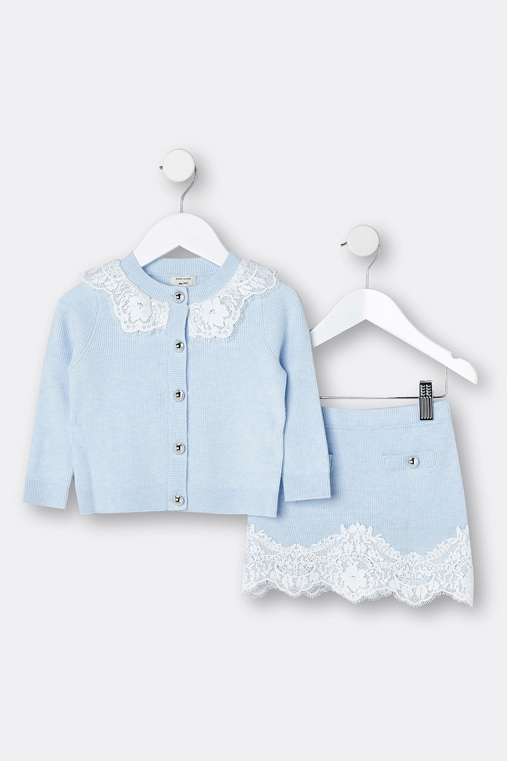 River Island, Set de fusta si cardigan cu insertii de dantela -2 piese, Albastru azur