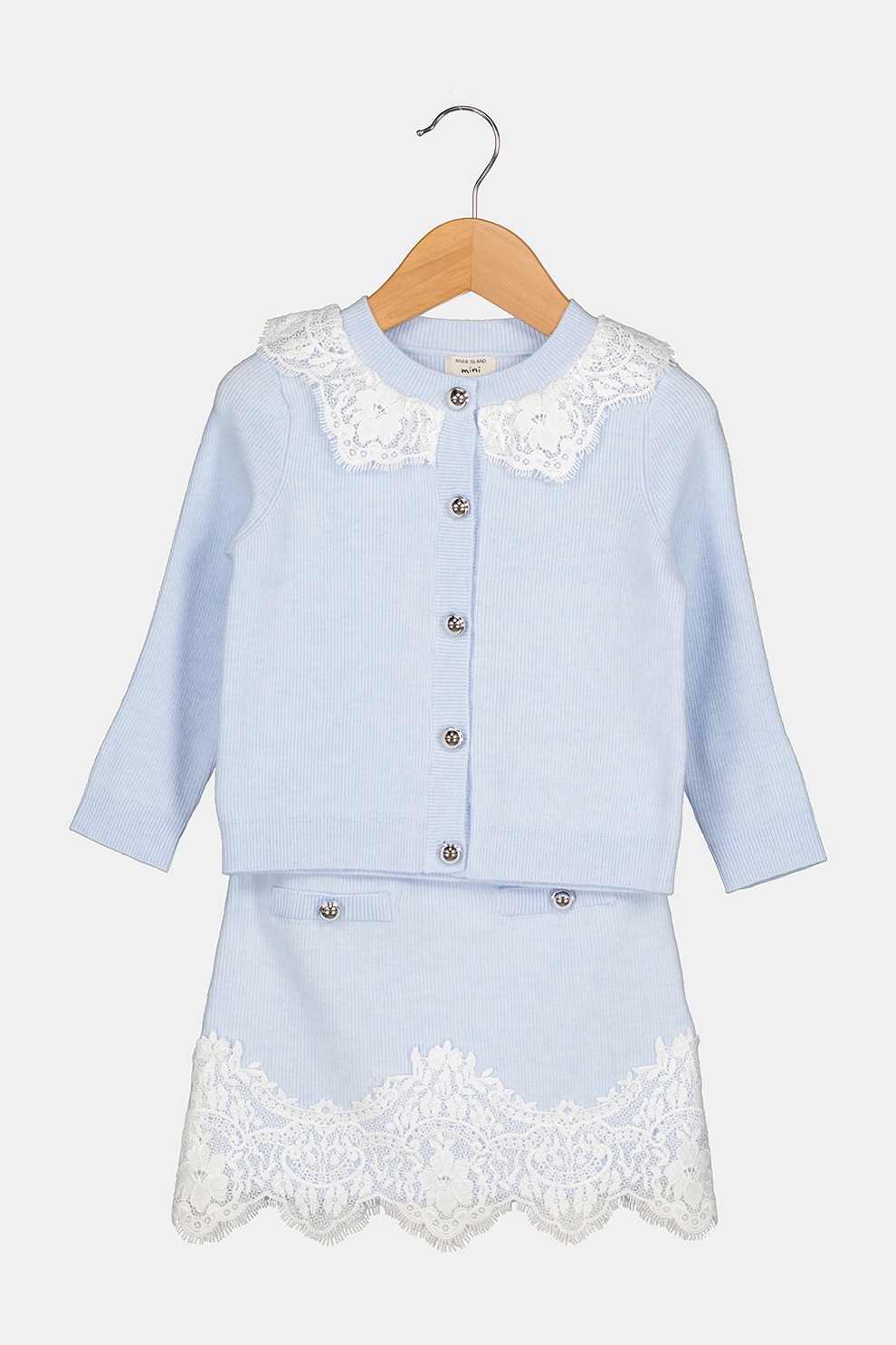 RIVER ISLAND, Set de cardigan striat si fusta, Albastru pastel/Alb