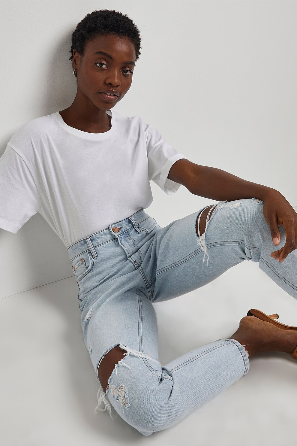 River Island, Blugi mom fit cu aspect deteriorat, Albastru deschis