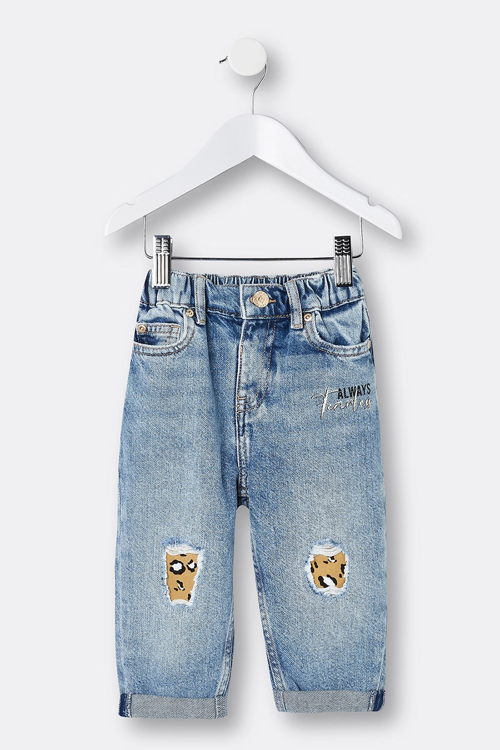 River Island, Blugi baggy cu rupturi decorative si aplicatii imprimate, Albastru, 80 CM