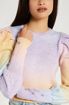 River Island, Pulover cu maneci bufante, Lila/Galben/Bleu, XS River Island, Pulover cu maneci bufante, Lila/Galben/Bleu, XS