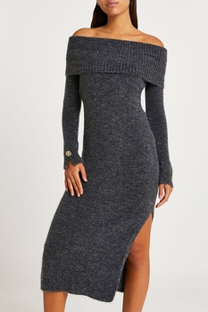 River Island, Rochie cu decolteu pe umeri si slit lateral, Negru stins River Island, Rochie cu decolteu pe umeri si slit lateral, Negru stins