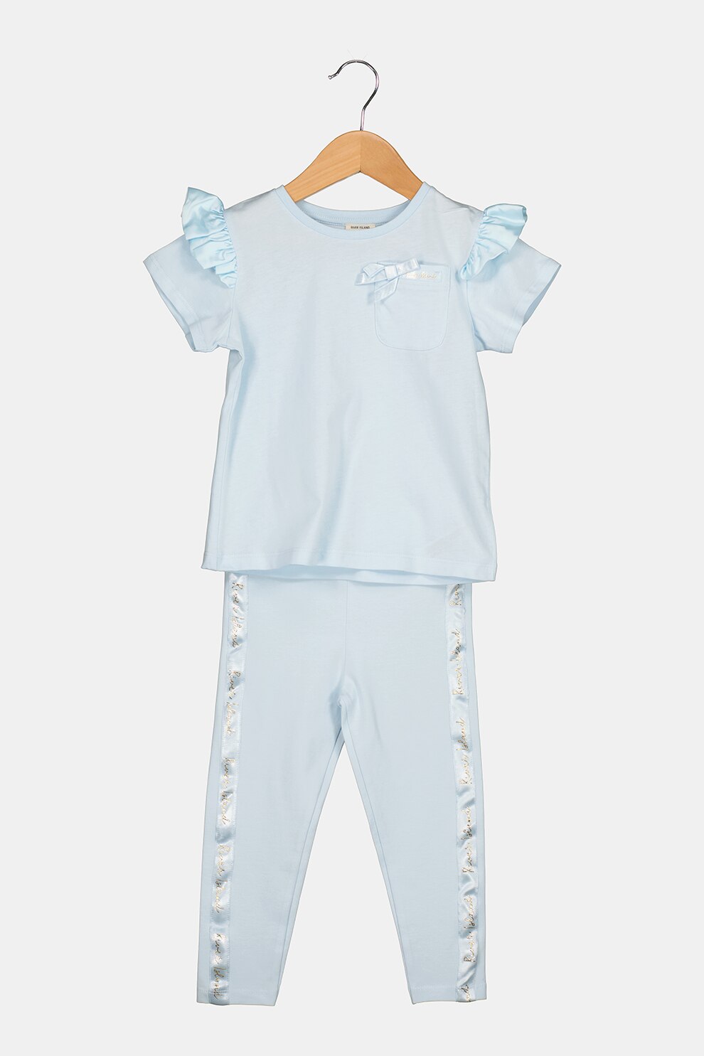 River Island, Set de tricou din jerseu si colanti cu segmente satinate, Albastru pastel/Argintiu