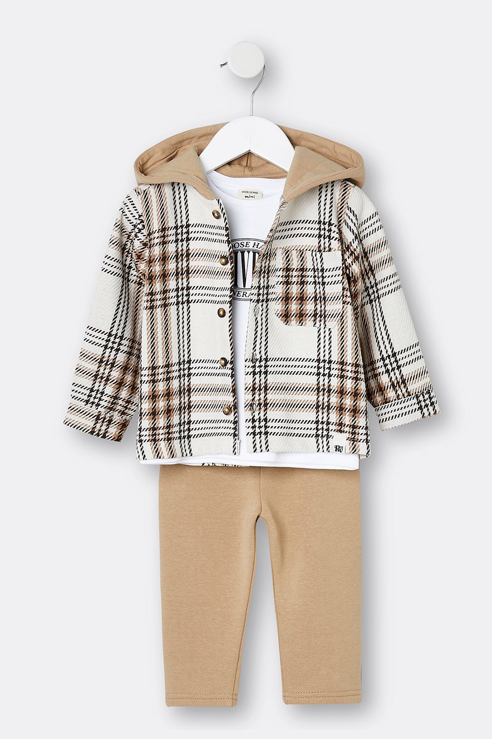 River Island, Set de tricou din amestec de bumbac, jacheta-camasa cu gluga si pantaloni sport, 3 piese, Maro/Alb/Bej, 80 CM