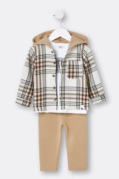 River Island, Set de tricou din amestec de bumbac, jacheta-camasa cu gluga si pantaloni sport, 3 piese, Maro/Alb/Bej, 80 CM River Island, Set de tricou din amestec de bumbac, jacheta-camasa cu gluga si pantaloni sport, 3 piese, Maro/Alb/Bej, 80 CM