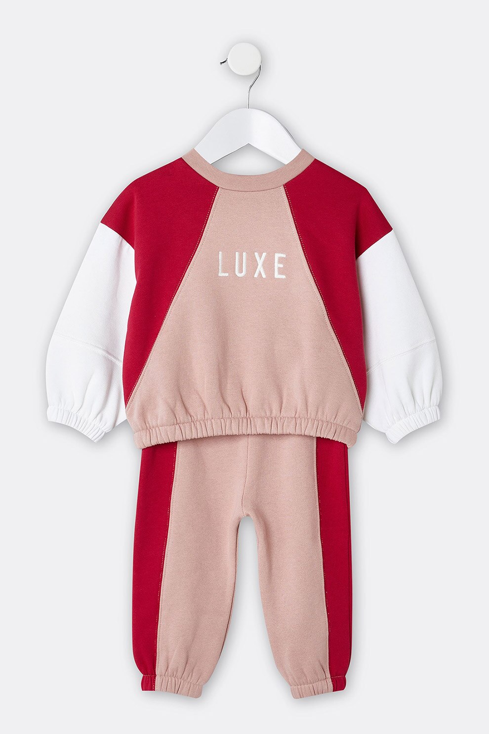 River Island, Set de pantaloni sport colorblock si bluza sport, 2 piese, Roz/Rosu/Alb