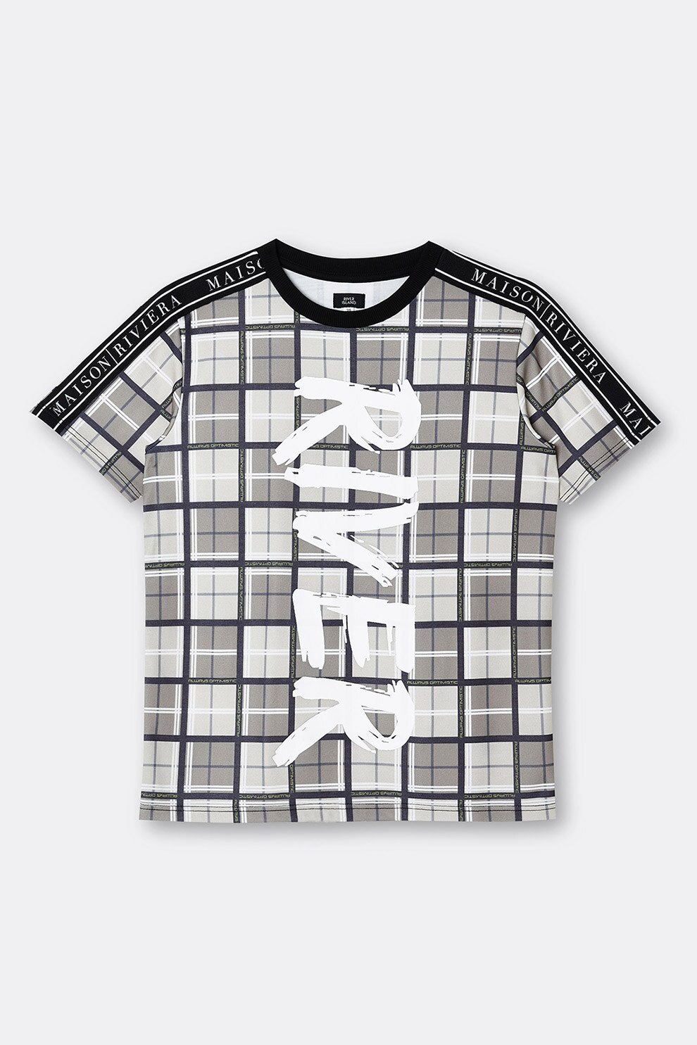 River Island, Tricou cu decolteu la baza gatului cu imprimeu, Alb/Gri/Bleumarin