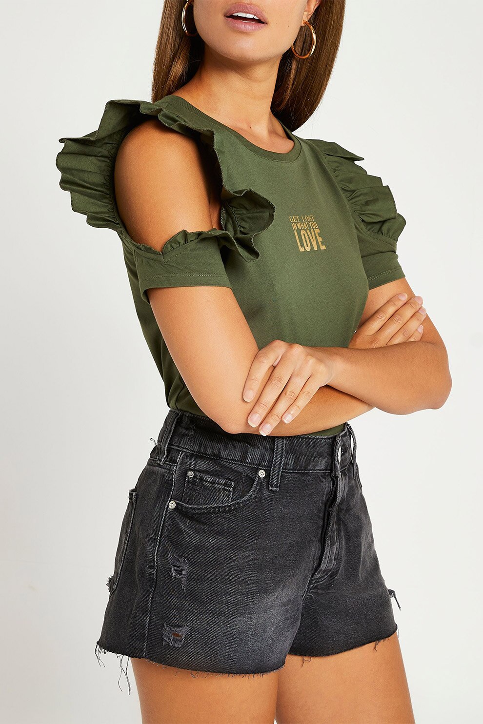 River Island, Tricou cu decupaj pe maneci, Verde oliv