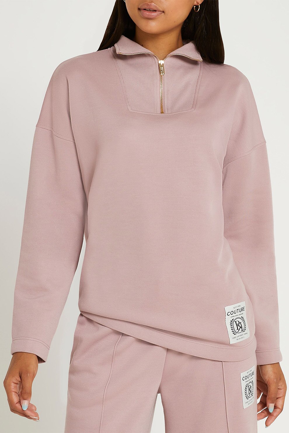 River Island, Bluza sport cu fermoar scurt si maneci cazute, Roz