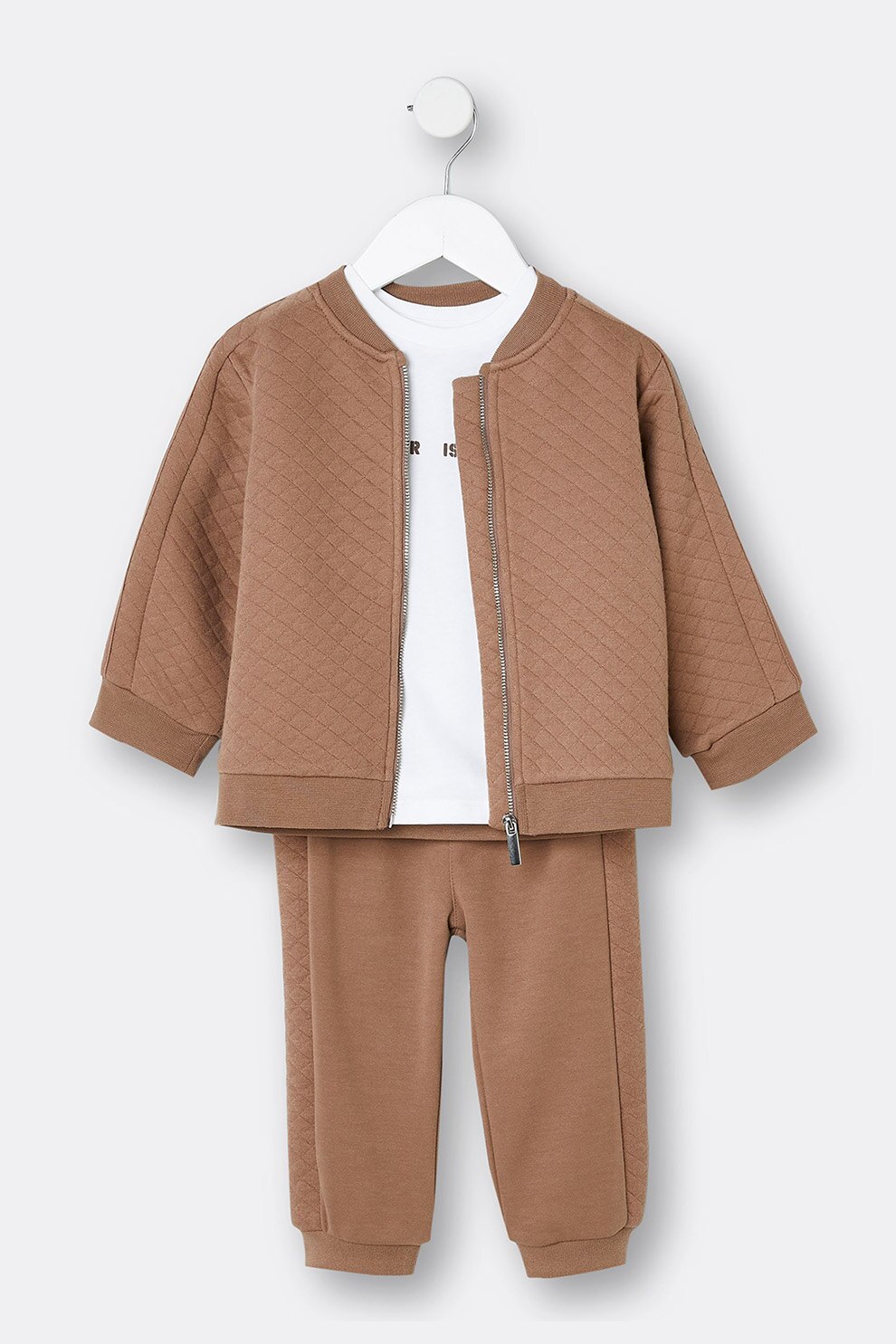 River Island, Set de bluza, tricou si pantaloni sport din bumbac cu fermoar - 3 piese, Maro/Alb