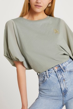 River Island, Tricou asimetric cu maneci bufante, Kaki River Island, Tricou asimetric cu maneci bufante, Kaki