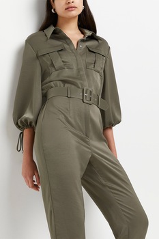 River Island, Salopeta din satin cu maneci 3/4 si curea, Verde inchis River Island, Salopeta din satin cu maneci 3/4 si curea, Verde inchis