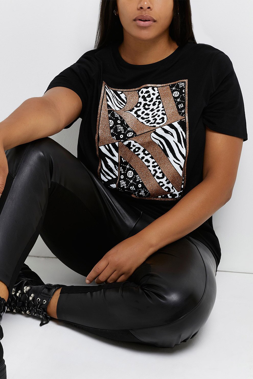 River Island, Tricou din bumbac cu imprimeu, Negru