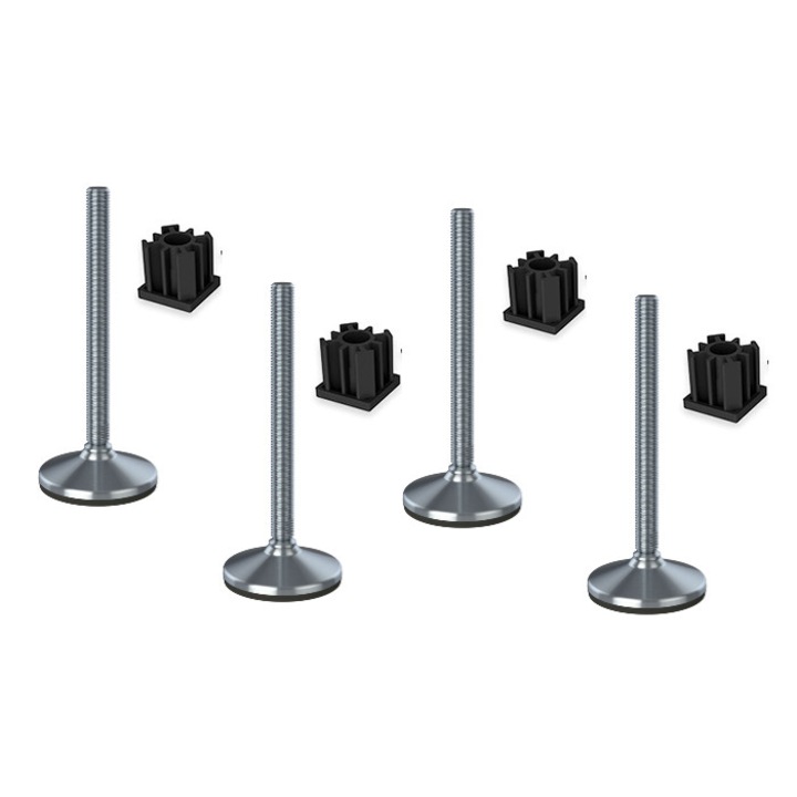 Set 4 picioare de nivelare, Inox, Baza cauciucata/Insertii pentru montare, 20x230x105 mm, Argintiu