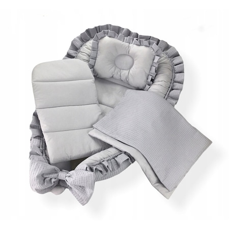 Set 4 piese cosulet bebe (baby nest), lenjerie, salteluta si perna, 100% Bumbac, gri