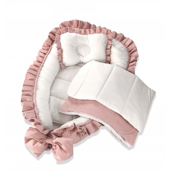 Set 4 piese cosulet bebe (baby nest), lenjerie, salteluta si perna, 100% Bumbac, roz/alb Set 4 piese cosulet bebe (baby nest), lenjerie, salteluta si perna, 100% Bumbac, roz/alb
