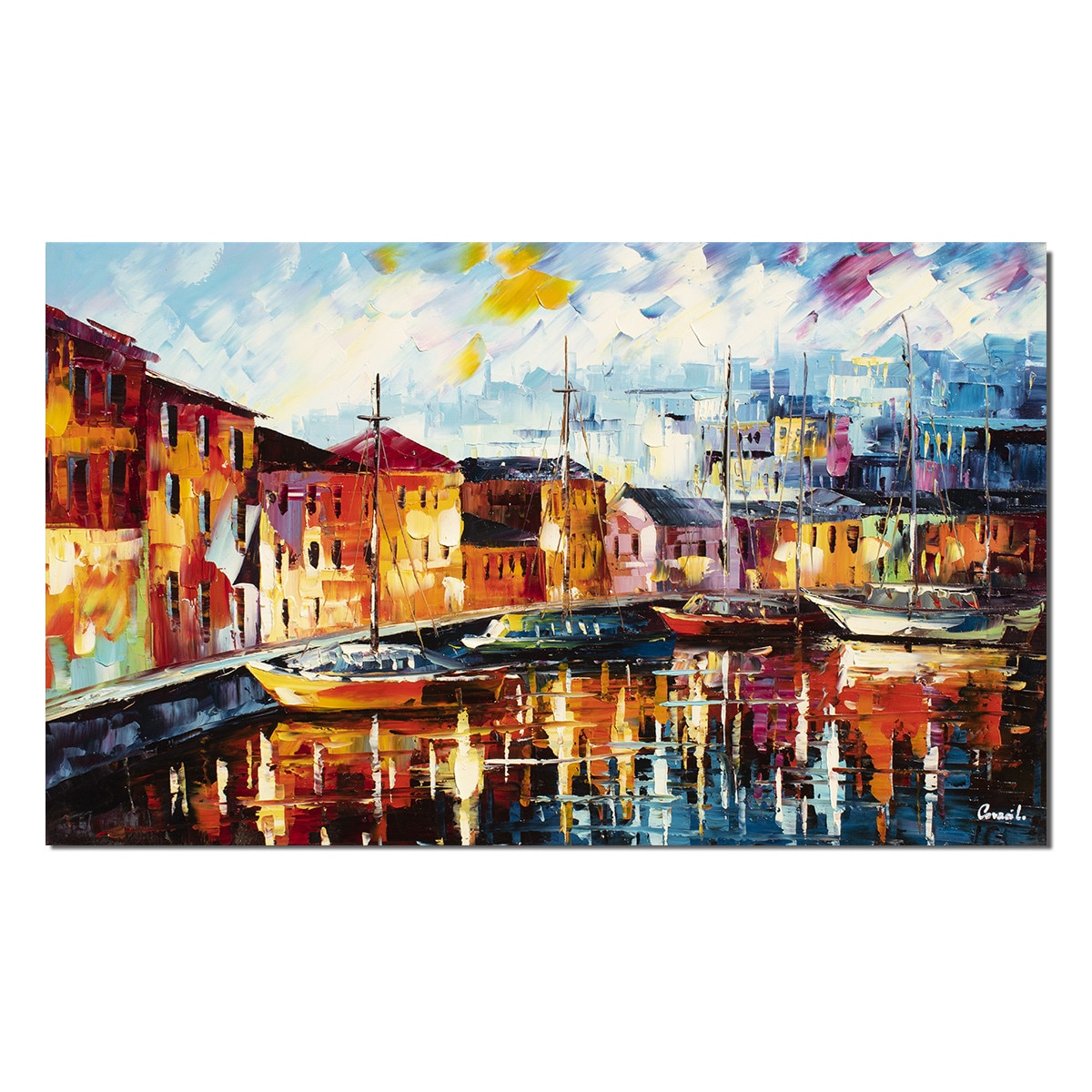 Tablou pictat manual, Artnova - Asfintit cu veliere in port - 100x60cm pictura ulei pe panza in cutit efect 3D