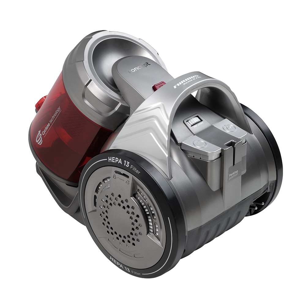 Aspirator fara sac Concept Furios Home & Pet VP5150, Tub Telescopic, 800W, Hepa 13, Nivel zgomot 78 db,Capacitate recipient 2l Perie speciala pentru parul de animale,Perie Parchet, Gri-Rosu