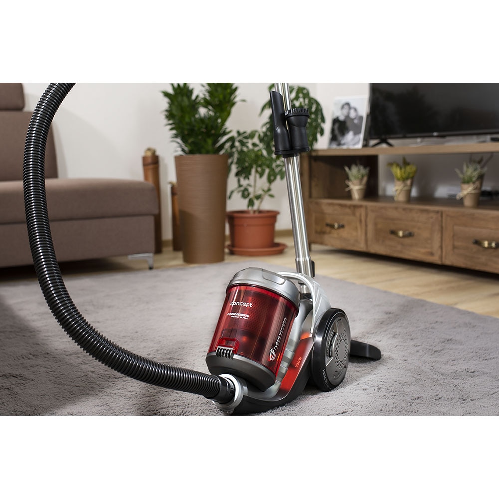 Aspirator fara sac Concept Furios Home & Pet VP5150, Tub Telescopic, 800W, Hepa 13, Nivel zgomot 78 db,Capacitate recipient 2l Perie speciala pentru parul de animale,Perie Parchet, Gri-Rosu