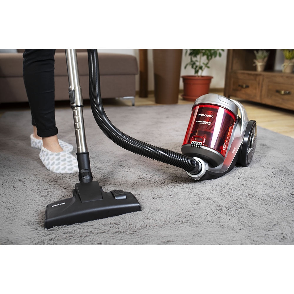 Aspirator fara sac Concept Furios Home & Pet VP5150, Tub Telescopic, 800W, Hepa 13, Nivel zgomot 78 db,Capacitate recipient 2l Perie speciala pentru parul de animale,Perie Parchet, Gri-Rosu