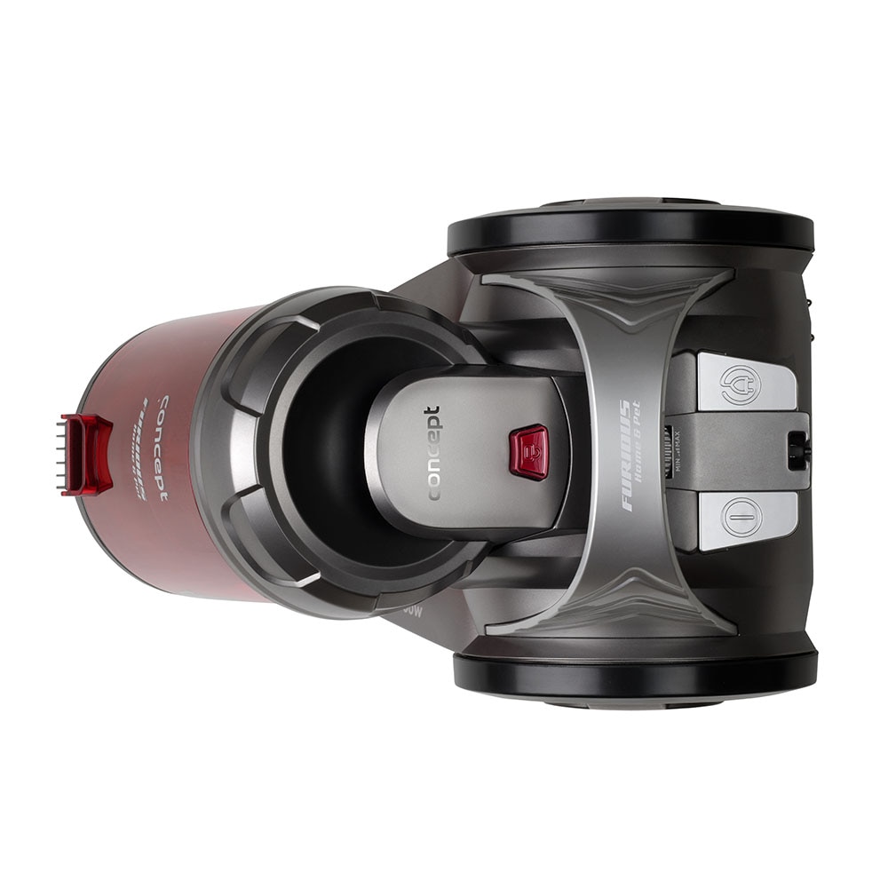 Aspirator fara sac Concept Furios Home & Pet VP5150, Tub Telescopic, 800W, Hepa 13, Nivel zgomot 78 db,Capacitate recipient 2l Perie speciala pentru parul de animale,Perie Parchet, Gri-Rosu