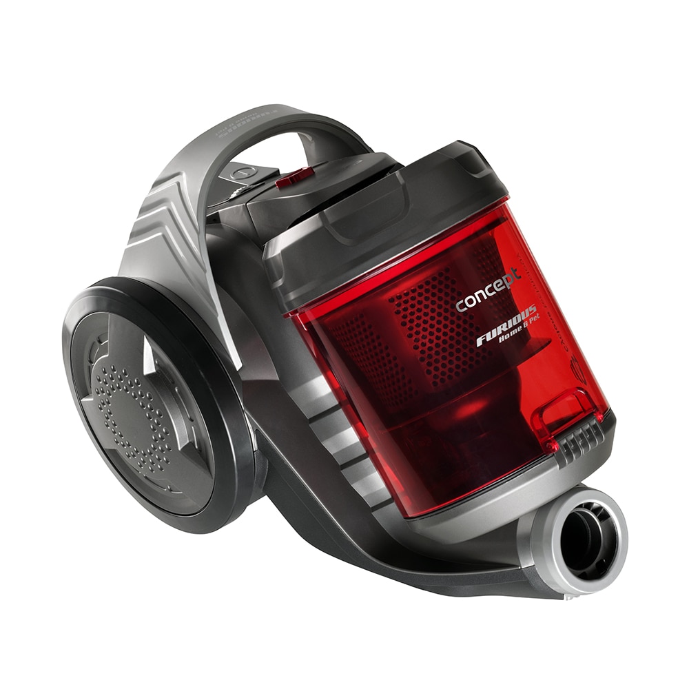 Aspirator fara sac Concept Furios Home & Pet VP5150, Tub Telescopic, 800W, Hepa 13, Nivel zgomot 78 db,Capacitate recipient 2l Perie speciala pentru parul de animale,Perie Parchet, Gri-Rosu
