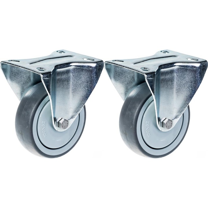 Set 2 roti fixe din cauciuc, Centru din plastic, 220 kg, 100 mm, Negru/Gri