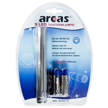 Lanterna metalica de mana Arcas cu 5 LED-uri, include 2 baterii alkaline AA Lanterna metalica de mana Arcas cu 5 LED-uri, include 2 baterii alkaline AA